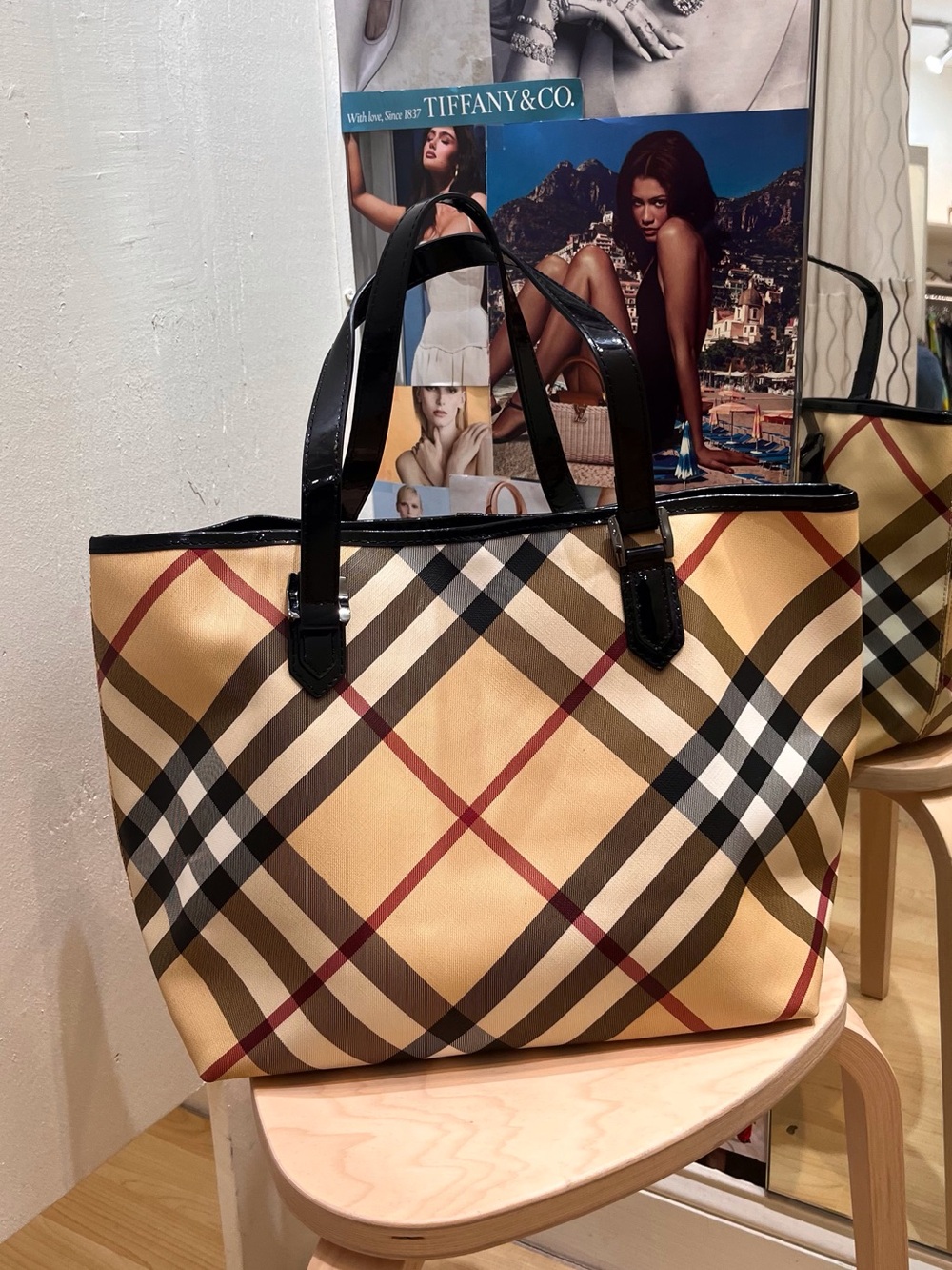 “Nickie” Plaid Tote Bag with Black Trim - Beige